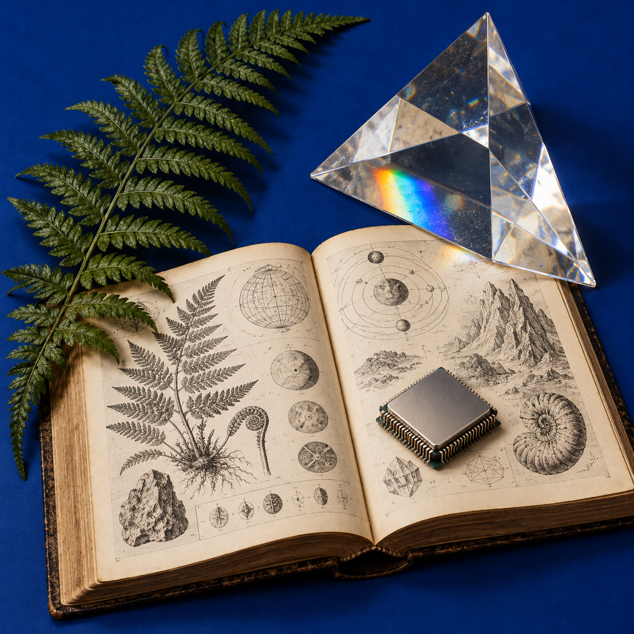 Книга, призма, растение и микросхема